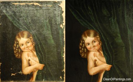Antique oil painting restoration Cupid Before + After